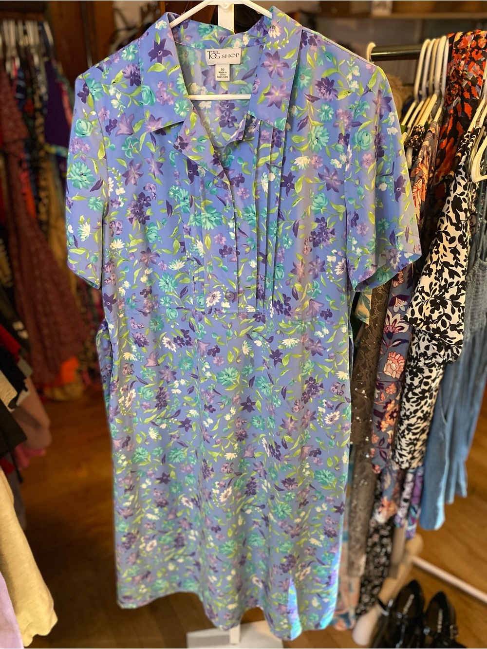The Tog Shop Vintage Lavender Floral Button-Front Midi Dress with shoulder pads